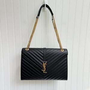 Saint Laurent Black Chevron Calfskin Leather Envelope Shoulder Bag Large YSL
